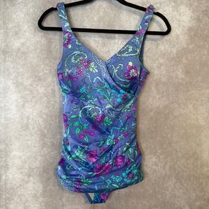 Vintage 90's Roxanne Pinup One Piece Swimsuit Floral Women Size 8/10 Periwinkle